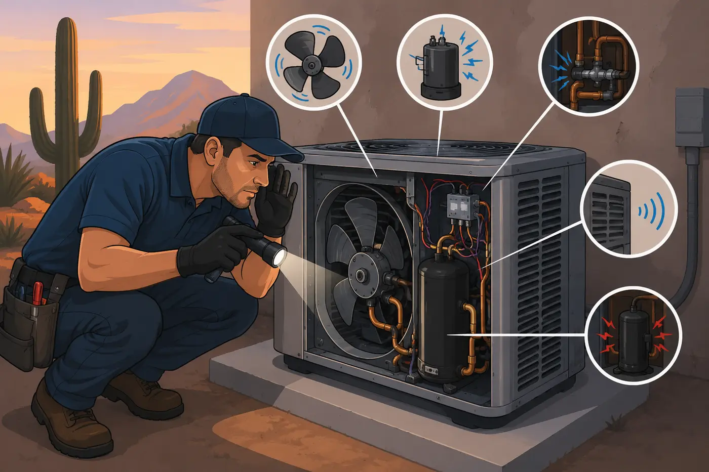 Technician tracing an unusual noise inside an air conditioning unit