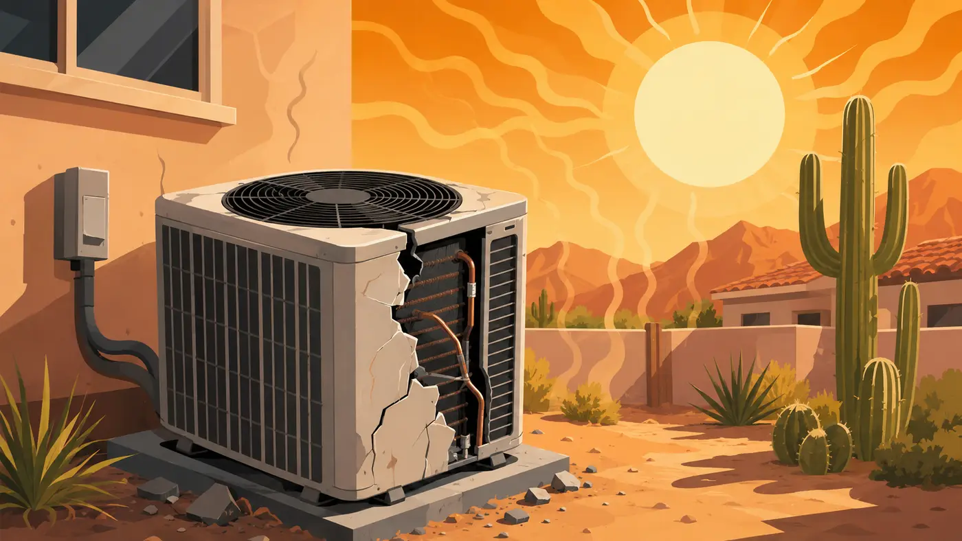 Aging air conditioning unit outside a Phoenix home under a blazing sun