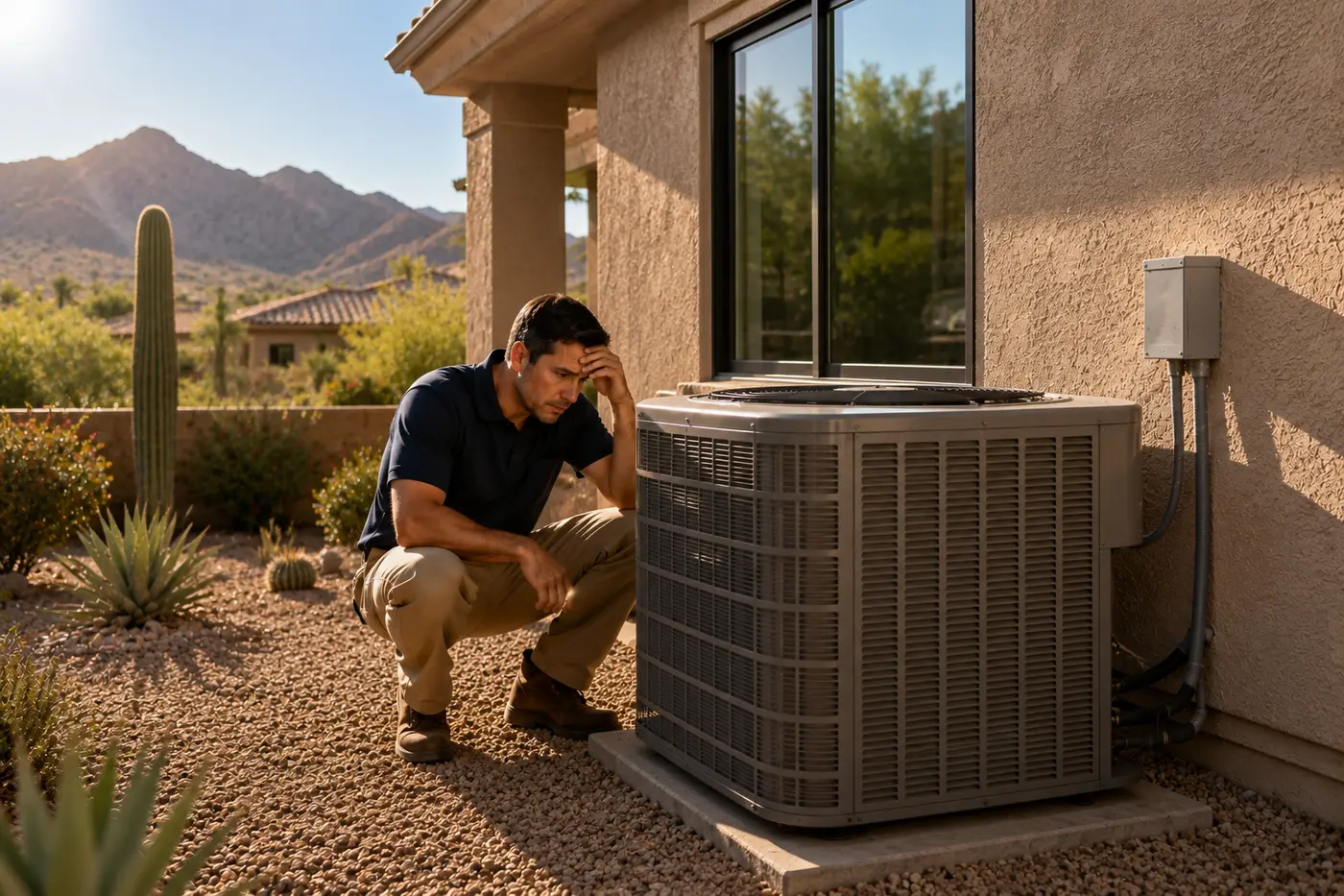 Bleuwave HVAC technician diagnosing a short-cycling air conditioner in Phoenix