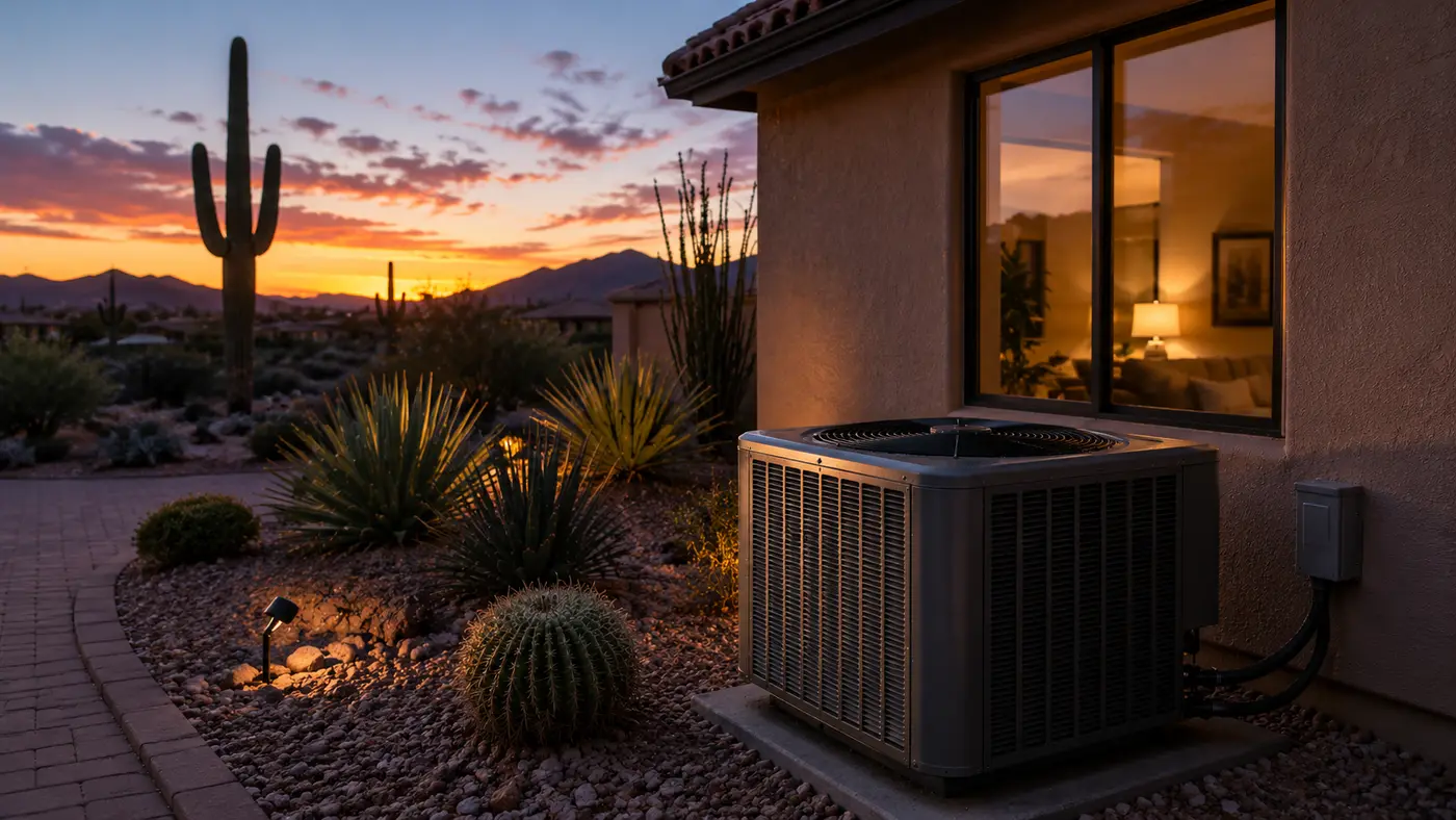 Phoenix desert home at dusk with warm interior light on a cold winter evening