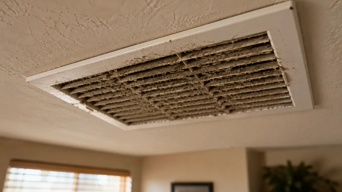 Dust-clogged return air vent in a Phoenix home ceiling
