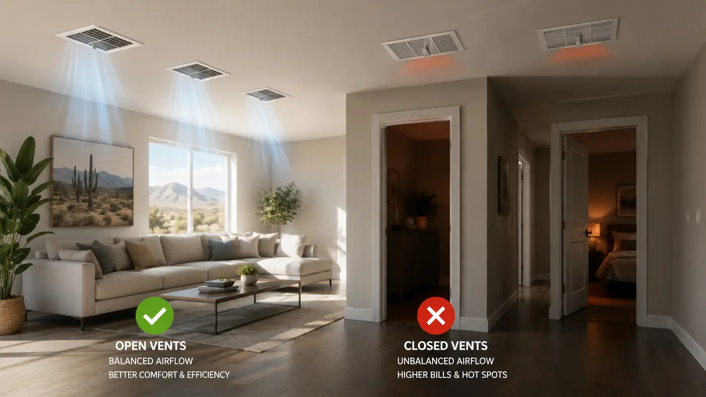 Side-by-side comparison of a bright room with open vents and balanced airflow versus dim rooms with closed vents and hot spots