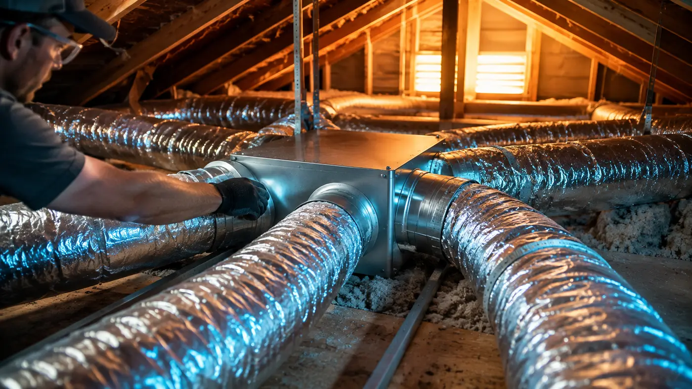 Insulated duct runs radiating from a sheet-metal plenum in a Phoenix attic