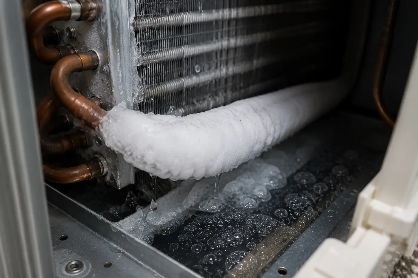 Ice built up on an air conditioner evaporator coil and refrigerant line