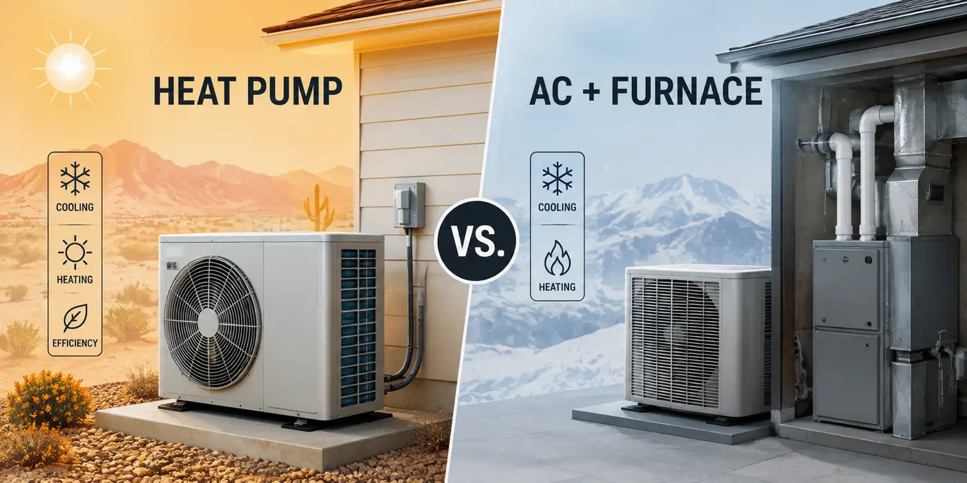 Split comparison of a heat pump on a sunny desert side and an AC plus gas furnace on a cold winter side