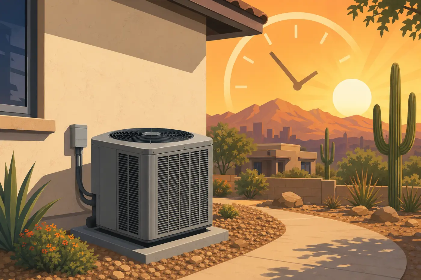 Aging air conditioning condenser outside a Phoenix home at sunset