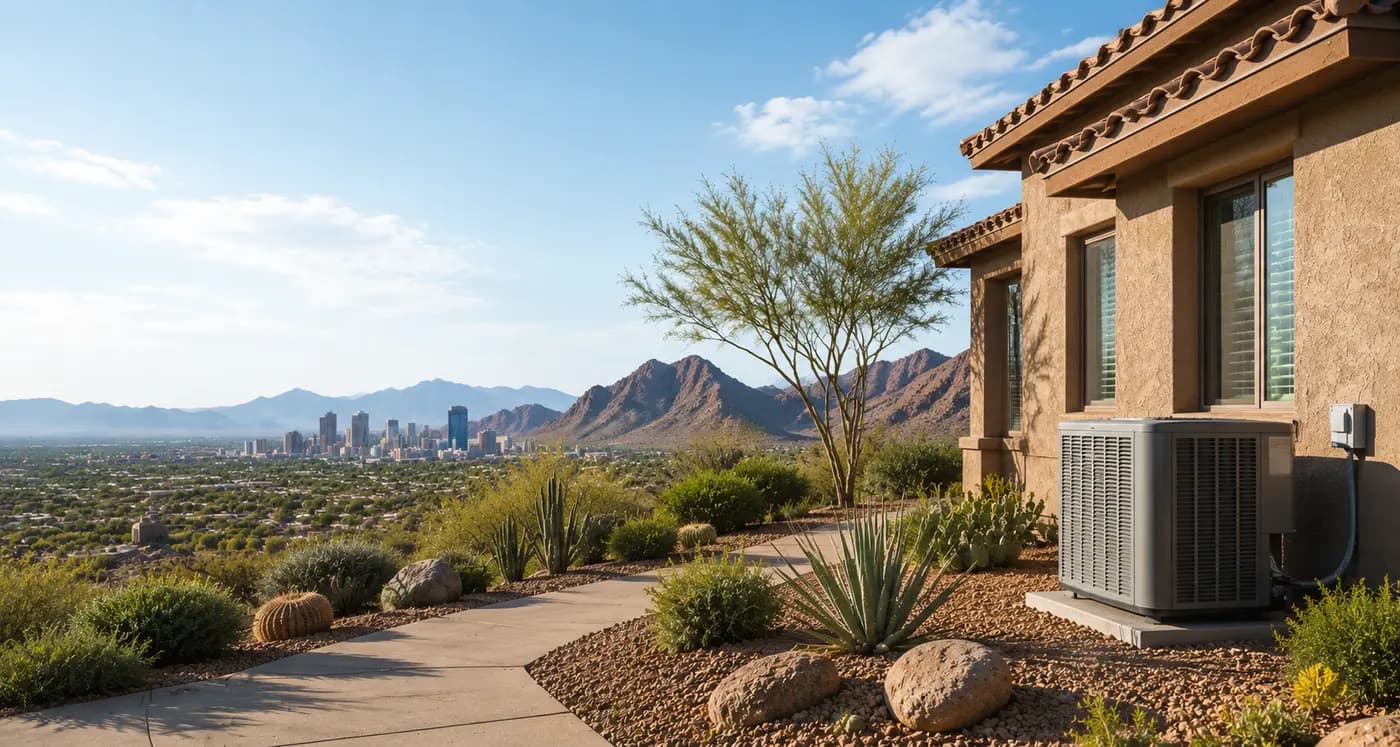 A Phoenix home with an outdoor air conditioner condenser, desert landscaping and the city skyline beyond
