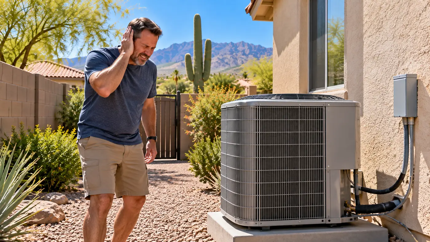 Homeowner holding a phone up to a rooftop package unit on a flat-roof Phoenix home, recording the sound of the running system