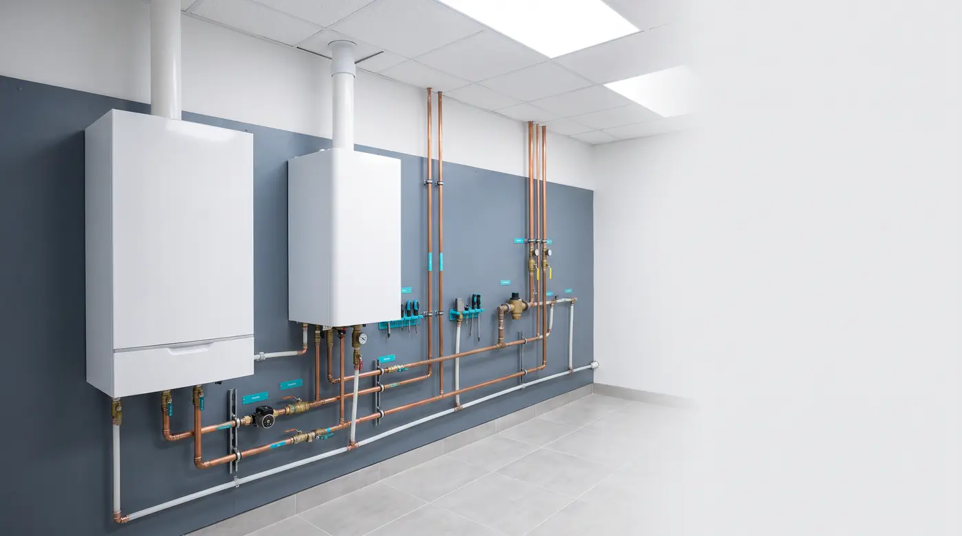 Wall-hung condensing boiler and hydronic manifold in the mechanical room of a north Scottsdale custom home