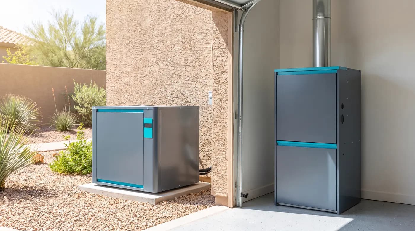 Gas furnace with a heat pump coil mounted on top in the garage of a Chandler, Arizona block-and-stucco home, with the thermostat wiring visible