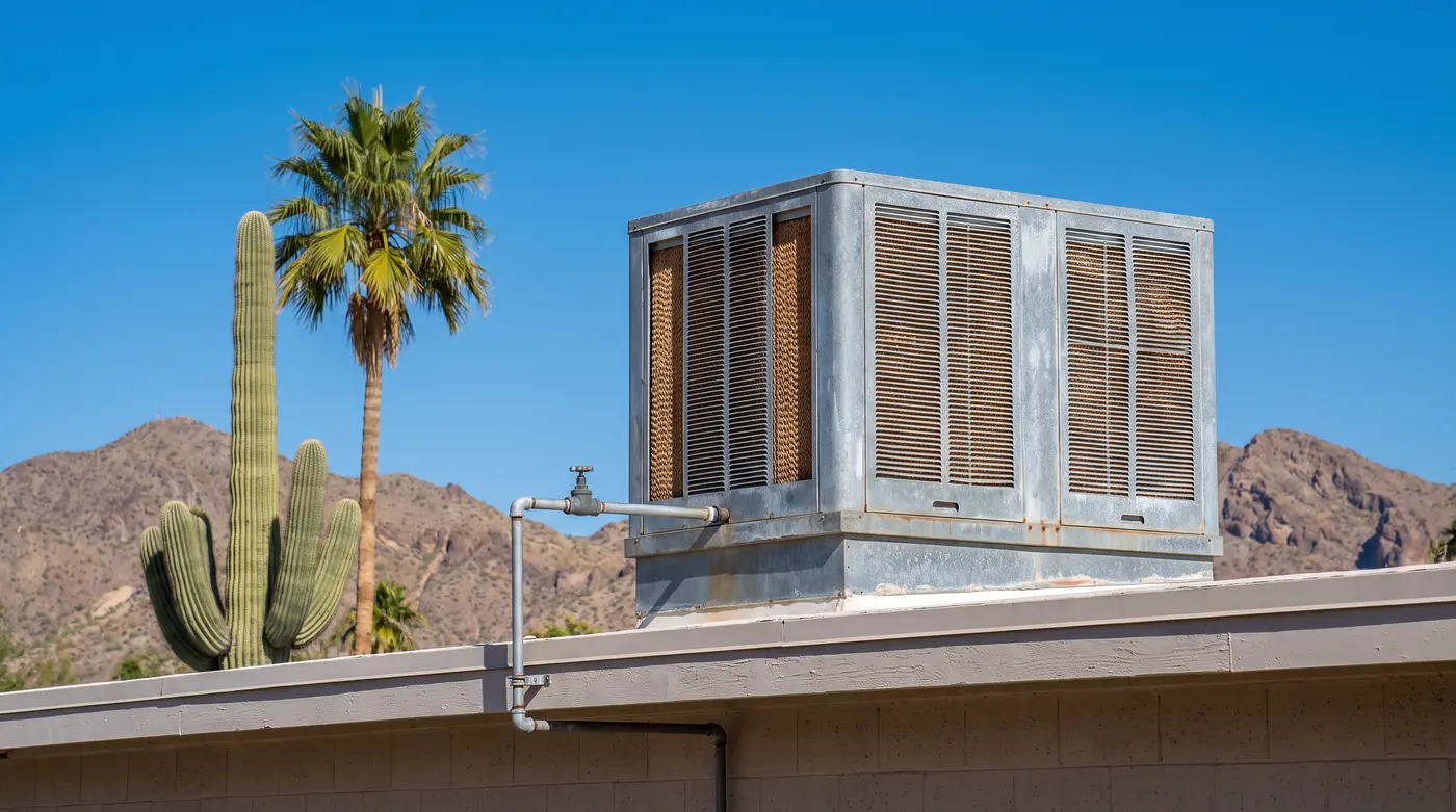 Weathered galvanized evaporative cooler on the flat roof of a 1960s ranch home in central Phoenix, with a corroded cabinet corner and a mature palm behind it