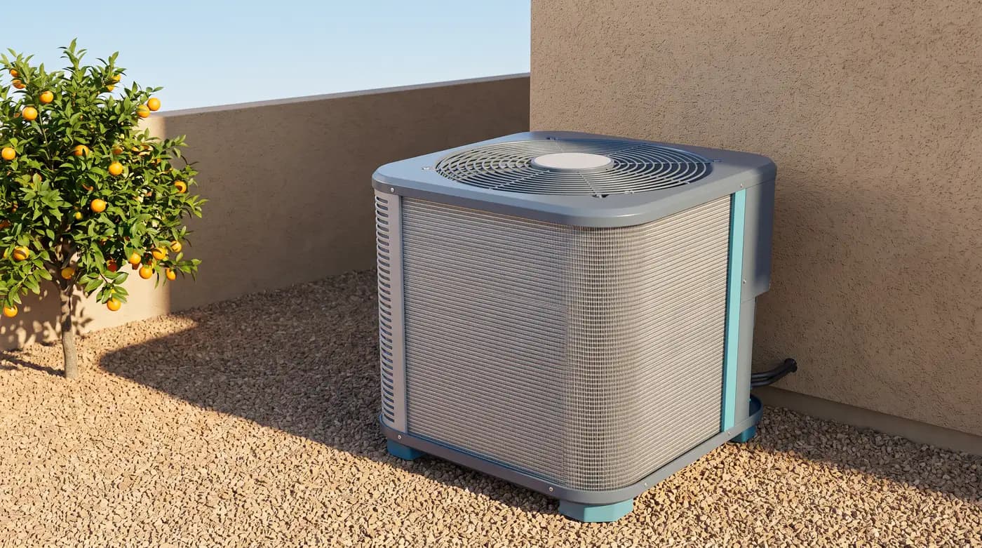 Modern inverter heat pump outdoor unit installed on a concrete pad beside a stucco home in Scottsdale with desert landscaping