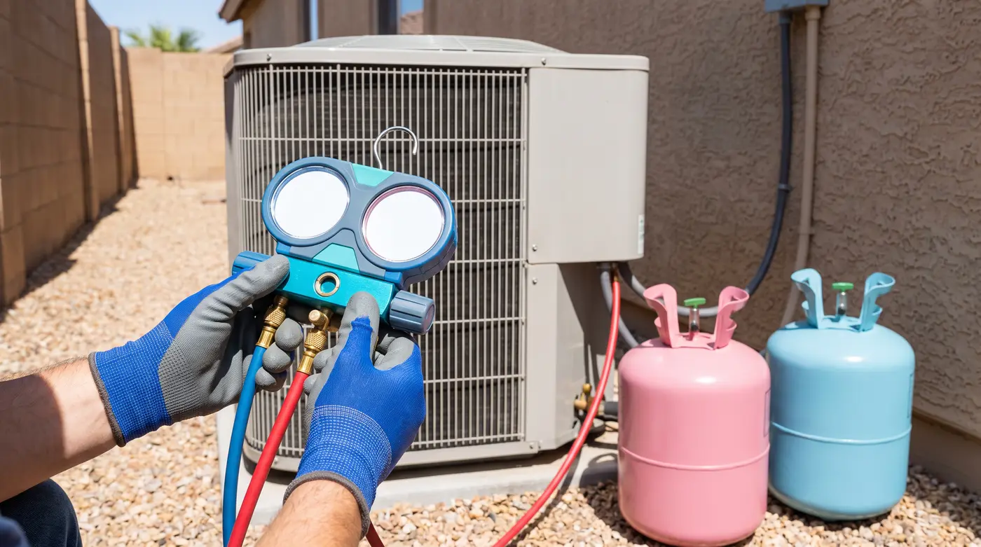Frost forming on the insulated copper refrigerant line where it enters a rooftop air conditioner on a Phoenix block-and-stucco home
