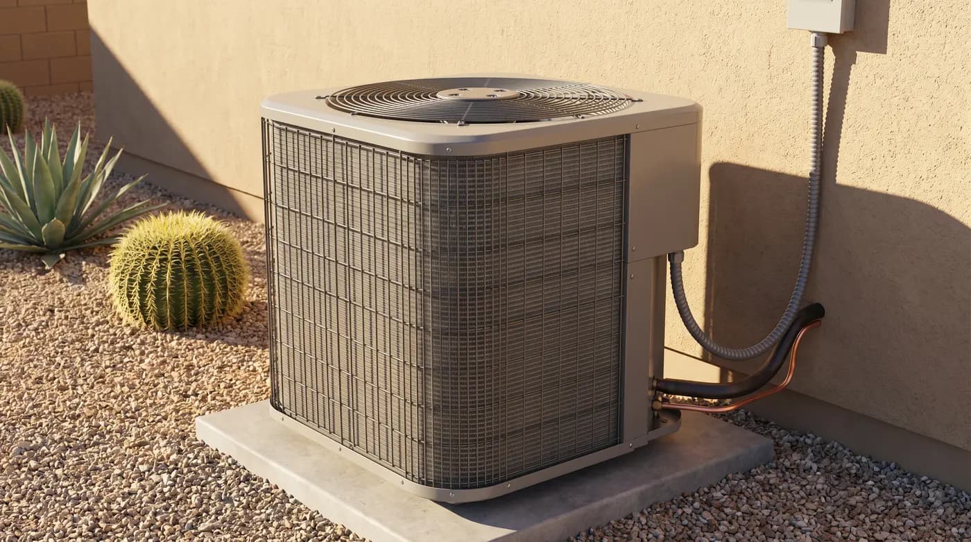Carrier packaged rooftop HVAC unit on a flat-roofed stucco home in Phoenix at sunset