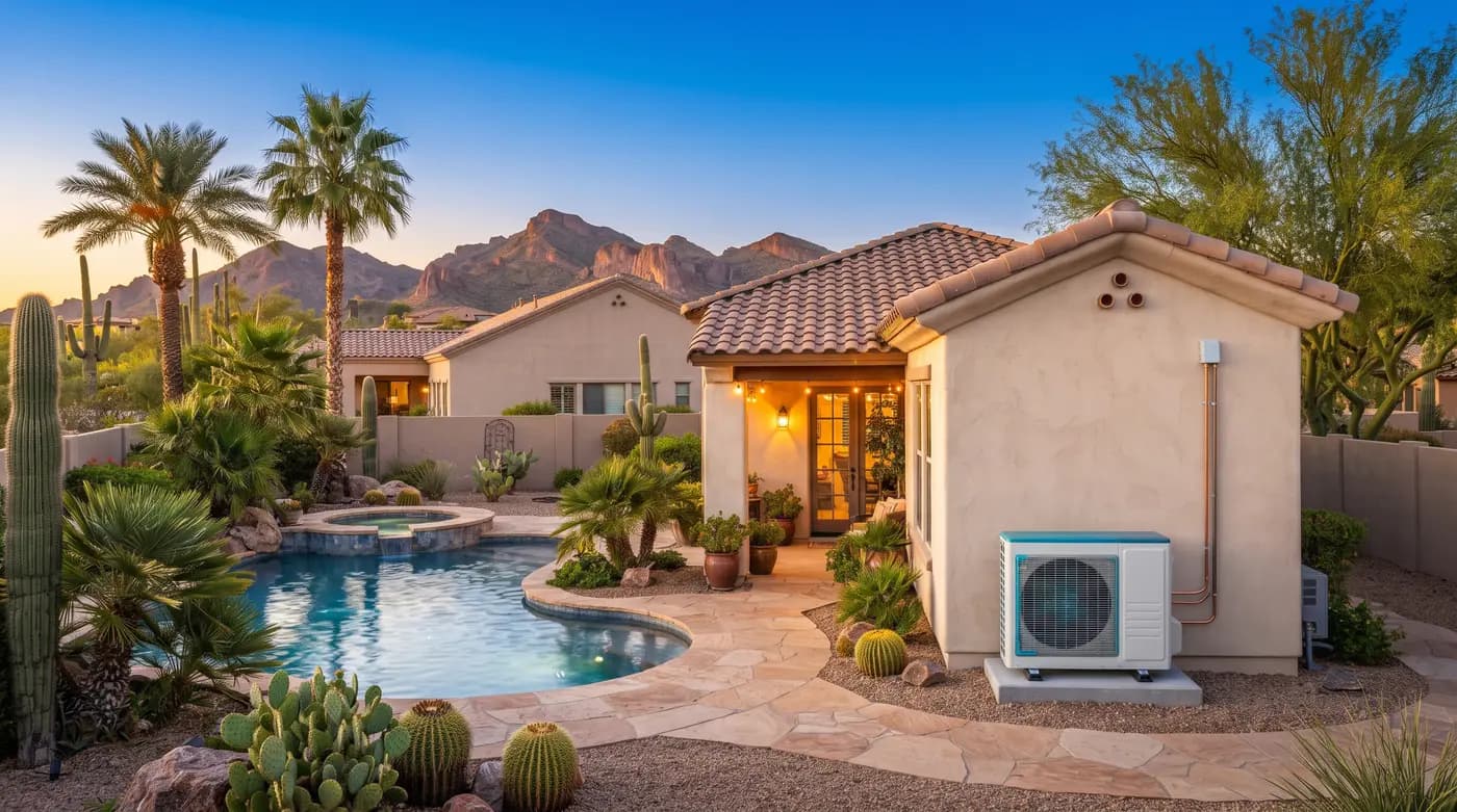 Detached stucco casita behind a Phoenix home with a ductless mini-split condenser on a pad beside the wall