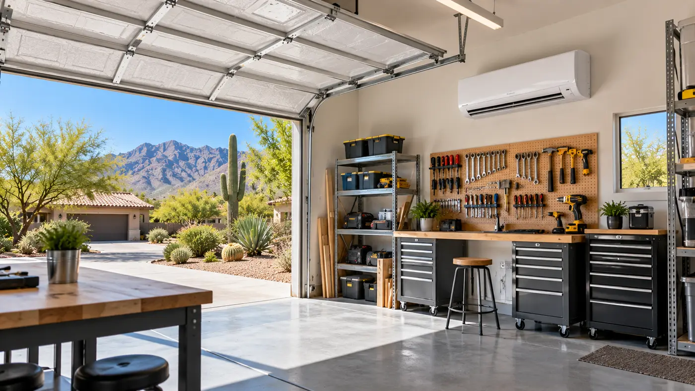 Wall-mounted ductless mini-split indoor unit above a workbench in a two-car garage of a stucco Phoenix home