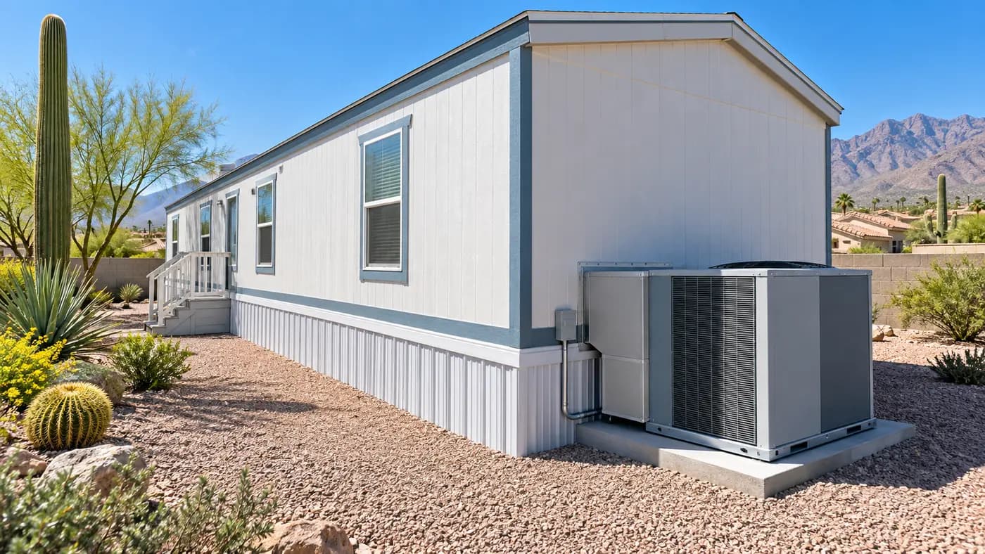 Older manufactured home in Apache Junction with a packaged HVAC unit at the end of the home under a metal awning