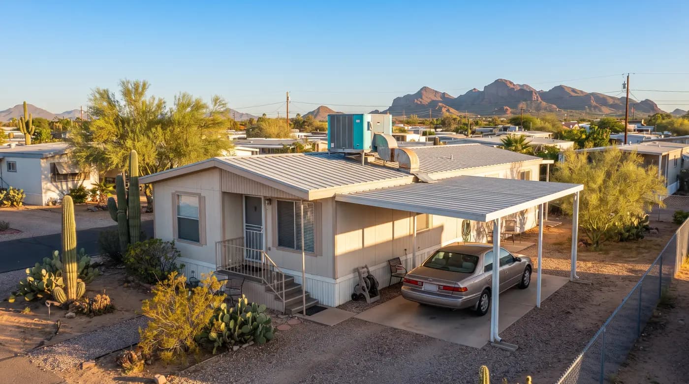 Single-wide mobile home in a Mesa park with a ground-mounted package air conditioner on a concrete pad beside the skirting