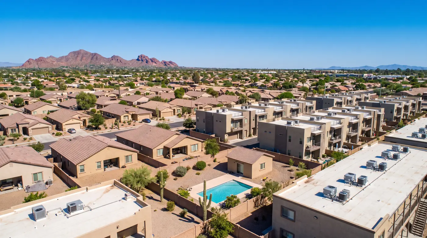Two-story stucco home in Gilbert with west-facing second-floor windows in full afternoon sun and a condenser on the side yard