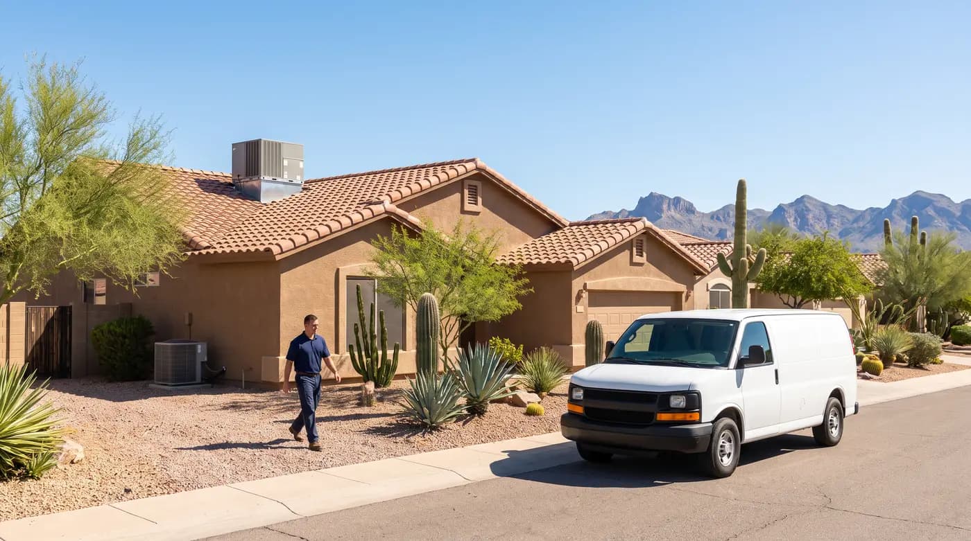 Technician evaluating a residential HVAC system at a Phoenix home