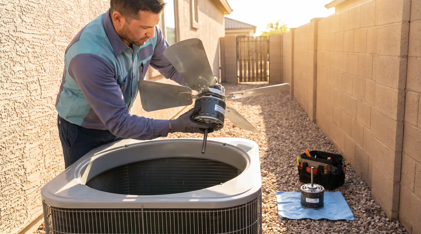 Technician taking pressure and amperage readings at a rooftop air conditioning condenser on a stucco Phoenix home