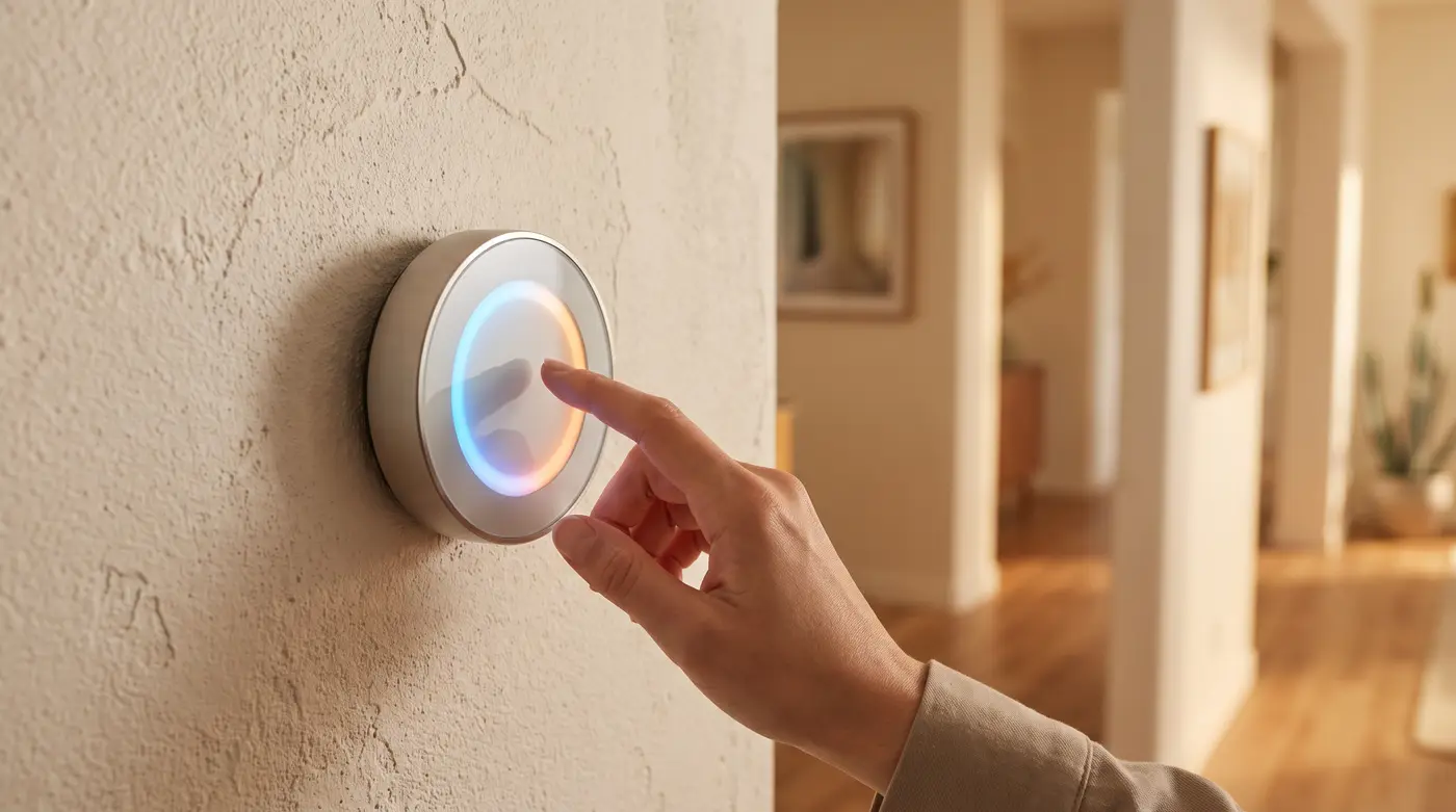 ecobee thermostat and remote sensor in a sunlit Scottsdale living room with west-facing windows