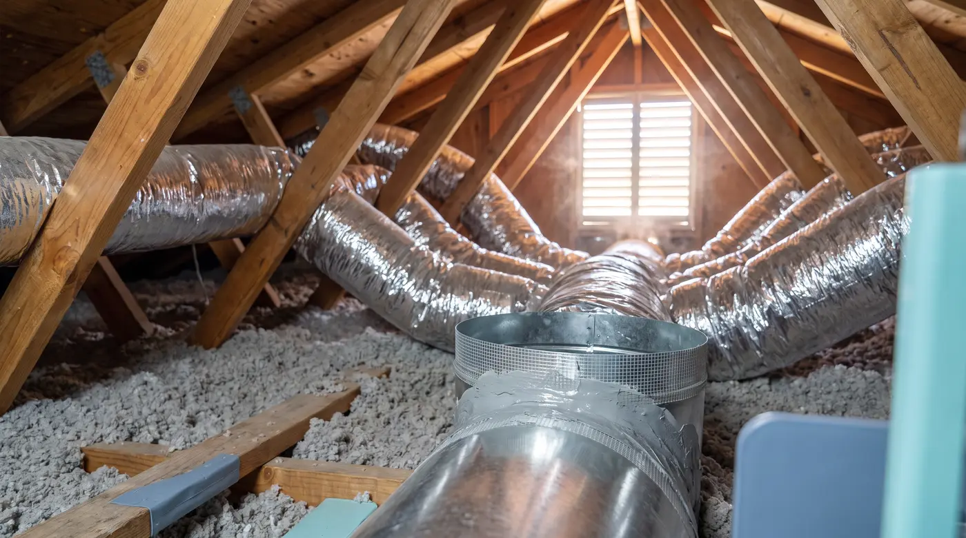 Flexible attic ductwork with disconnected joints and dust staining in a Phoenix block-and-stucco home