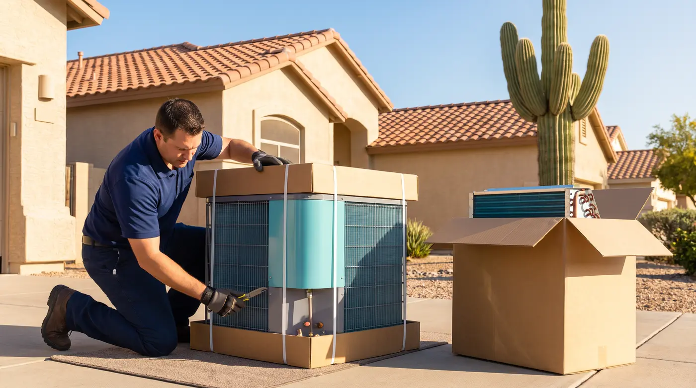 New air conditioner condenser on a fresh composite pad beside a tan stucco tract home in the Phoenix suburbs