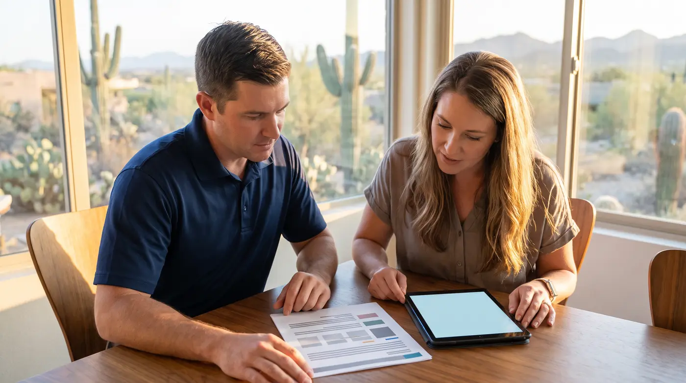 Homeowner and HVAC technician reviewing a written replacement estimate at a kitchen table in a Chandler home