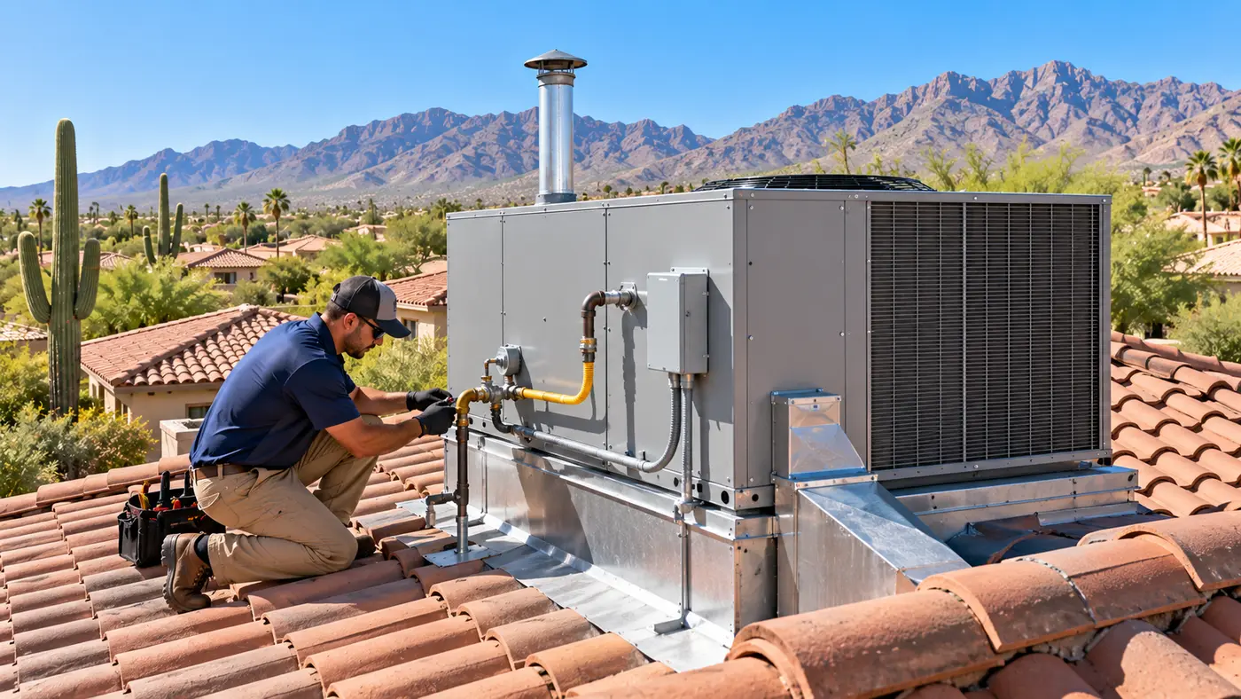 Gas-electric packaged HVAC unit with gas line and vent hood on the low-slope roof of a stucco home in Gilbert, Arizona