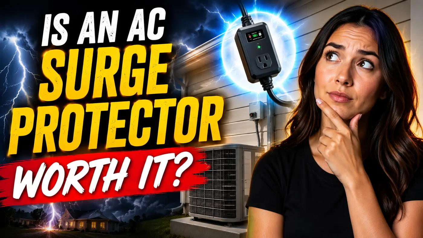 Monsoon lightning over a Phoenix home with a surge protector shielding the outdoor air conditioner