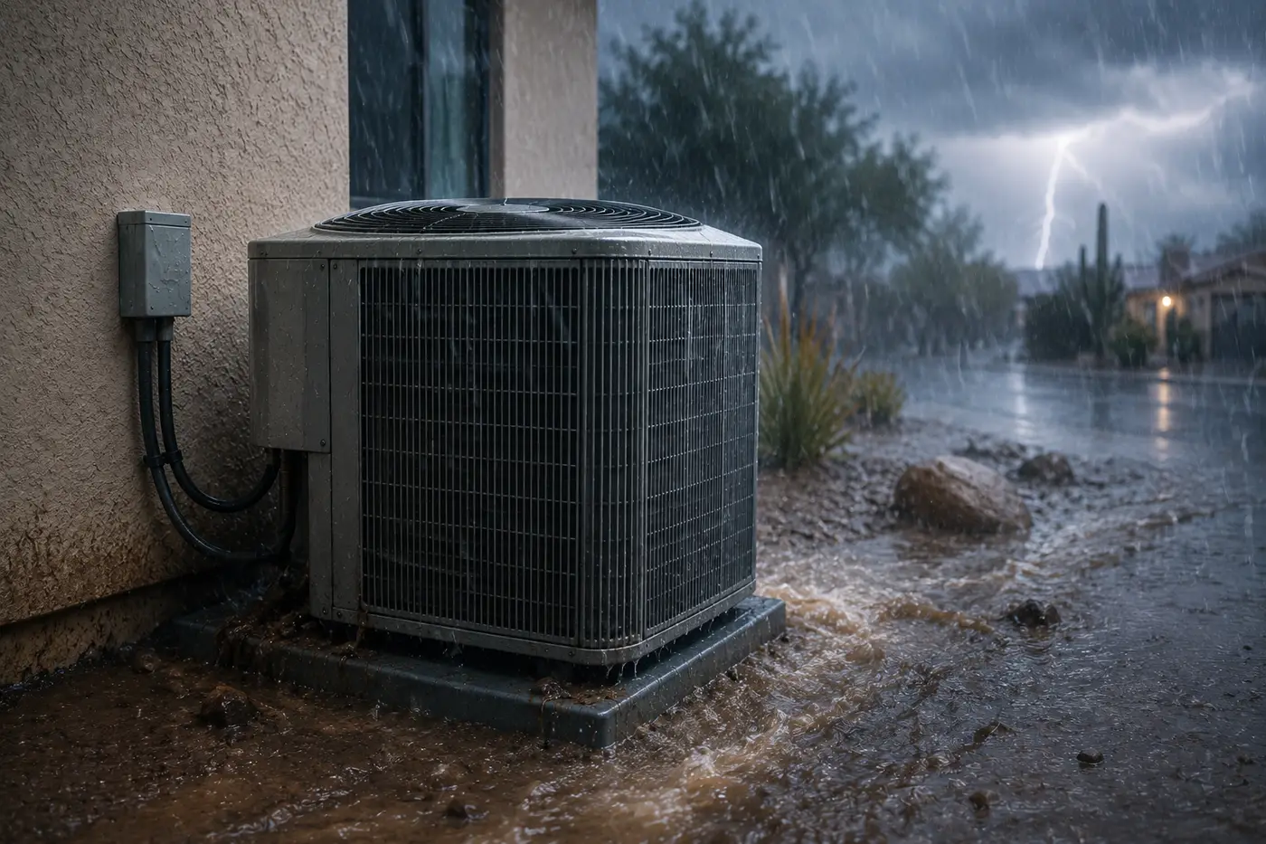 Air conditioning condenser exposed to a monsoon storm in Phoenix