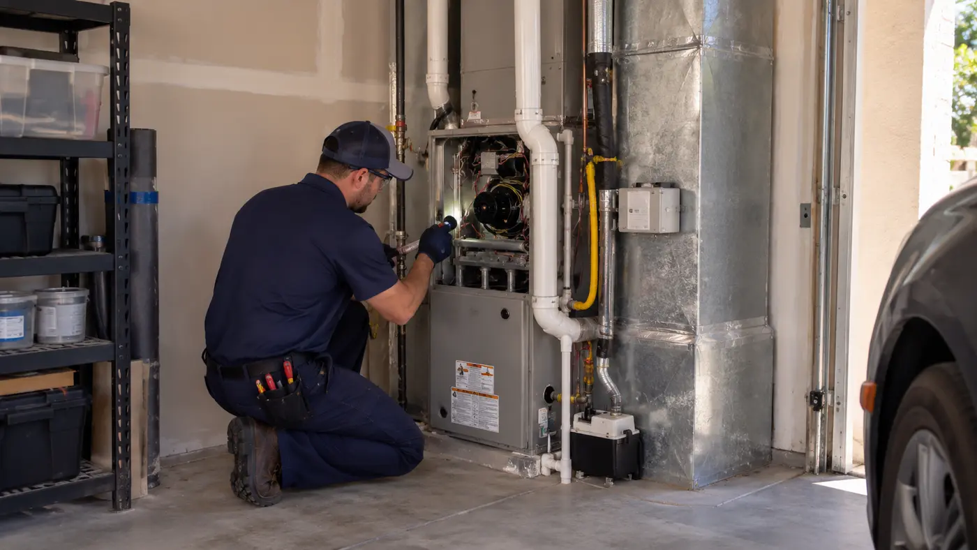 Technician inspecting an upflow gas furnace with its panels open in a Phoenix garage