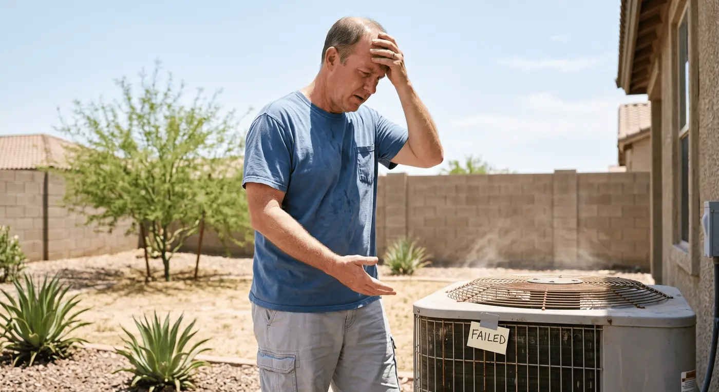 Homeowner beside an aging condenser in the Phoenix heat