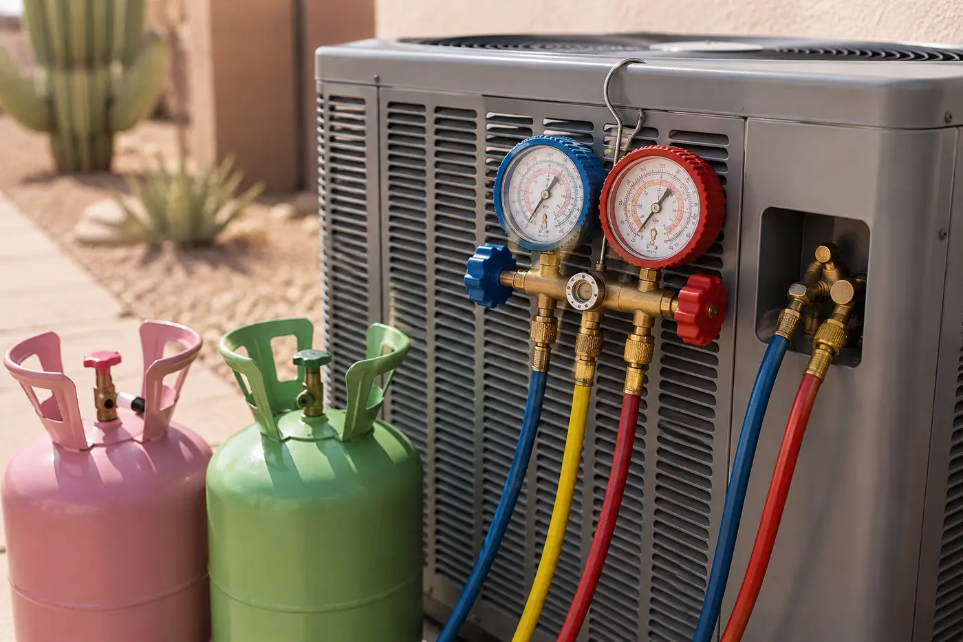 Refrigerant cylinders and manifold gauges beside an air conditioning condenser
