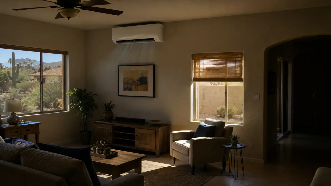 Living room with a ductless mini-split head and a desert view through the window