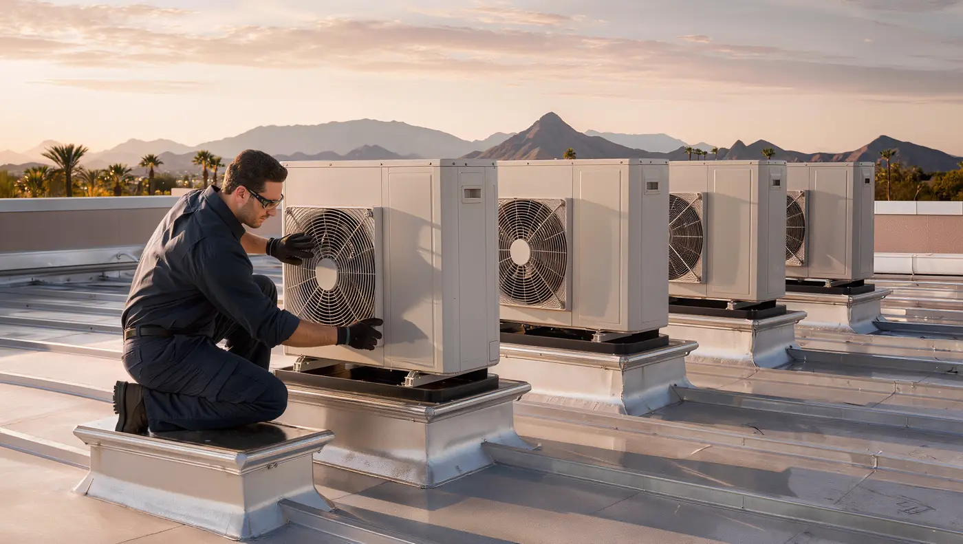Technician servicing rooftop condensing units on a commercial building in Phoenix on an autumn afternoon