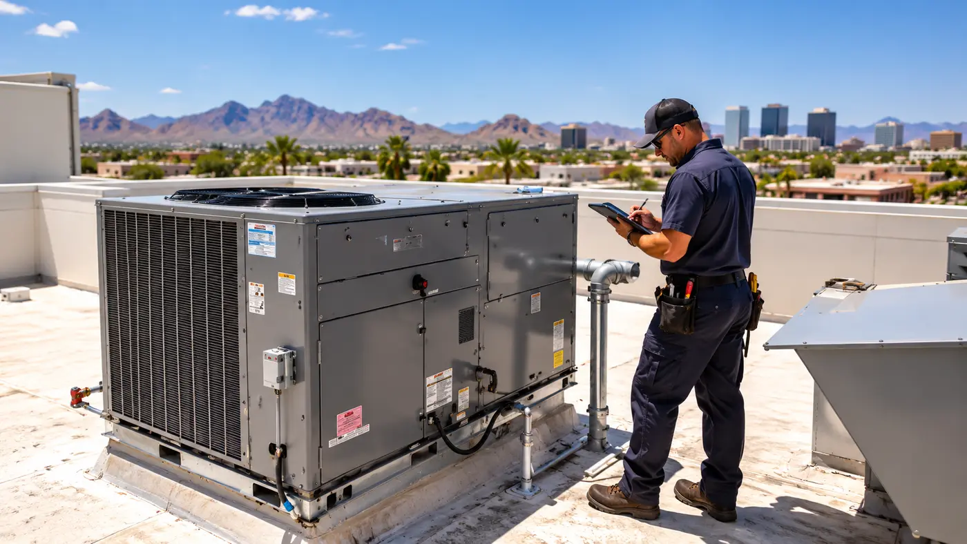 Technician with a tablet inspecting a commercial rooftop unit on a Phoenix building