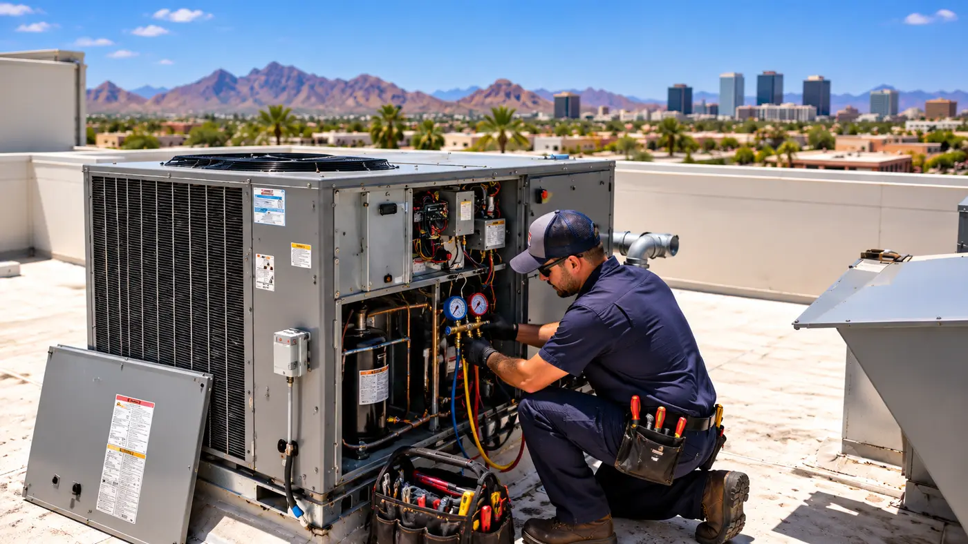 Technician servicing a commercial rooftop unit with gauges connected, Phoenix skyline behind