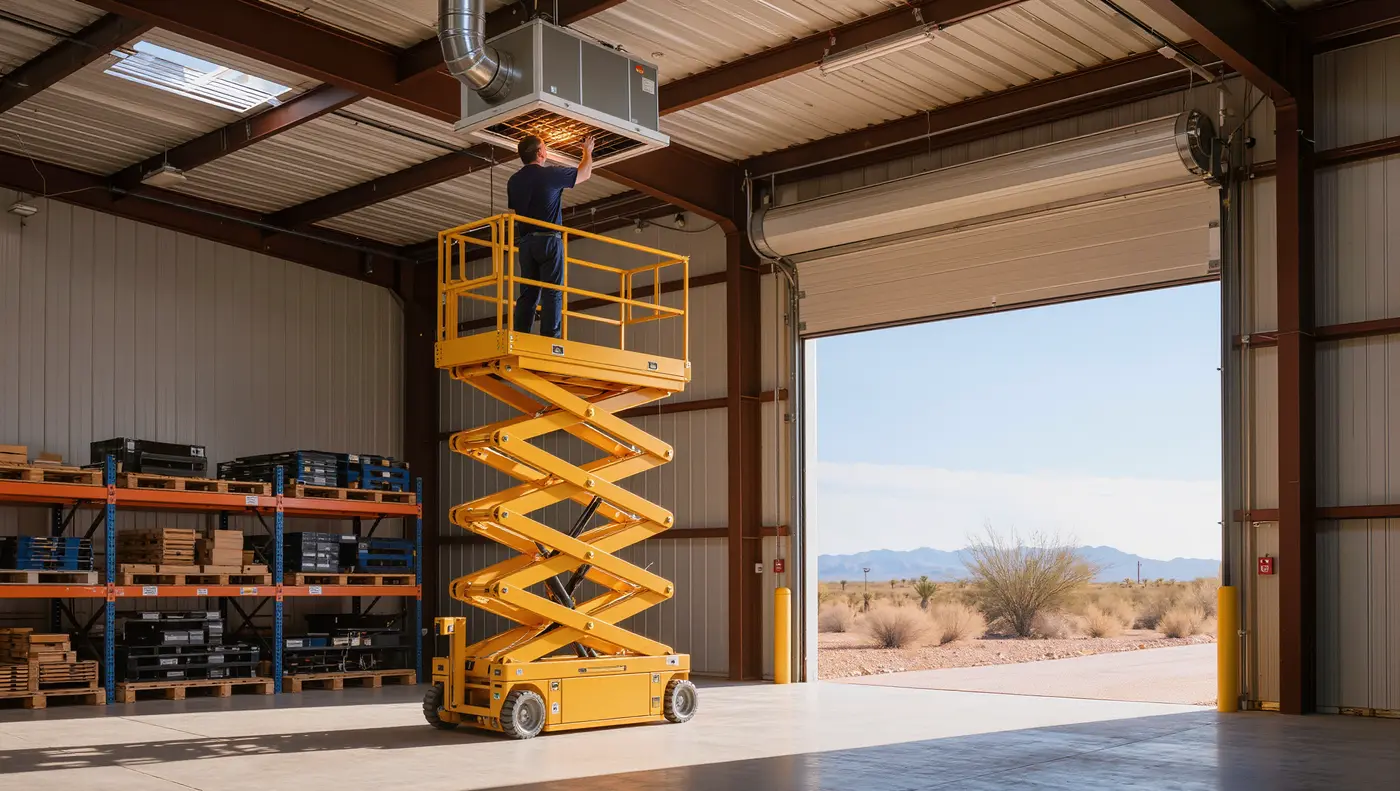 Technician on a scissor lift servicing a ceiling-hung gas unit heater in a Phoenix warehouse on a winter morning