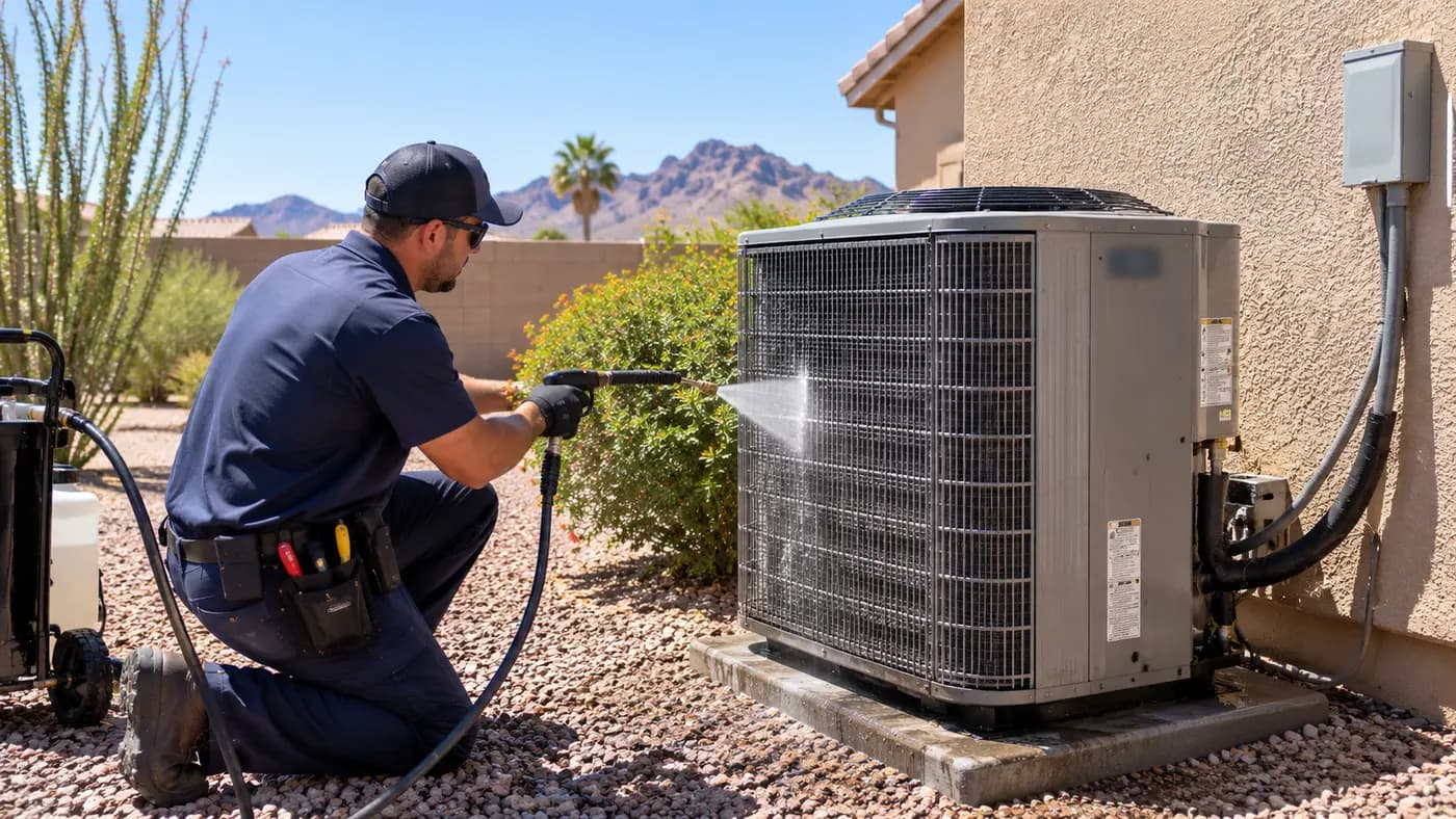 Technician rinsing the coil of a ground-mounted air conditioner condenser beside a Phoenix home on an autumn afternoon