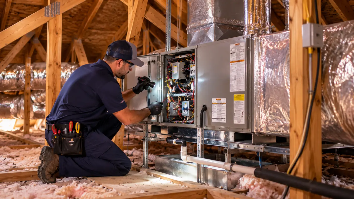 Technician inspecting the controls of a gas furnace installed in a Phoenix attic