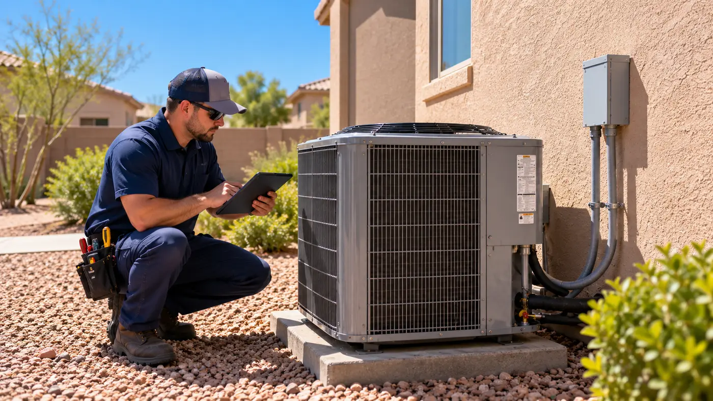 Technician with a tablet inspecting a ground-mounted air conditioner beside a Phoenix home