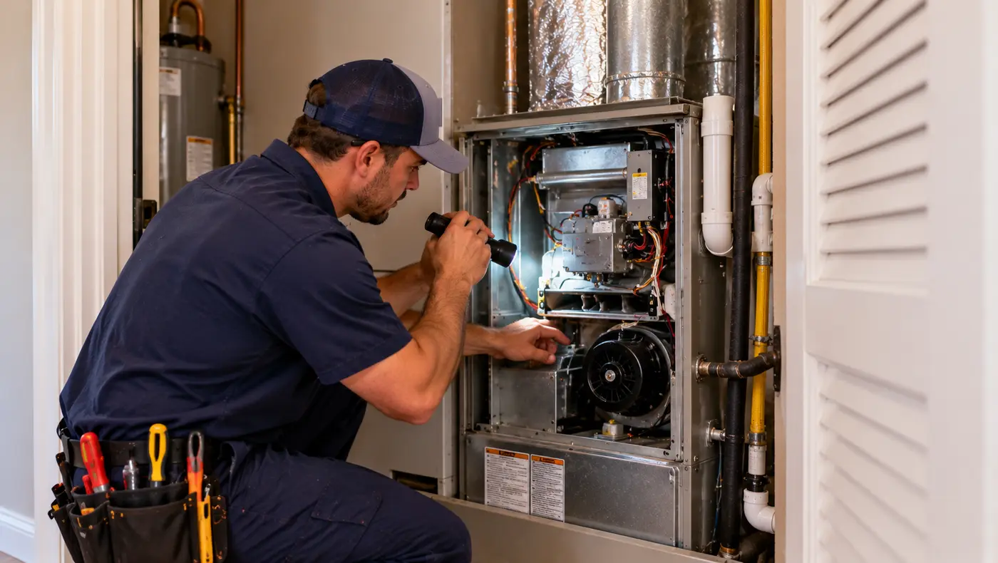 Technician inspecting the inside of a gas furnace with a flashlight in a Phoenix home utility closet