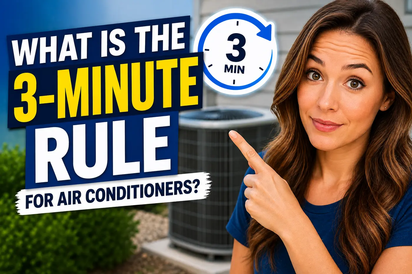 What is the 3-minute rule for air conditioners? A homeowner points to a 3-minute timer beside an AC condenser