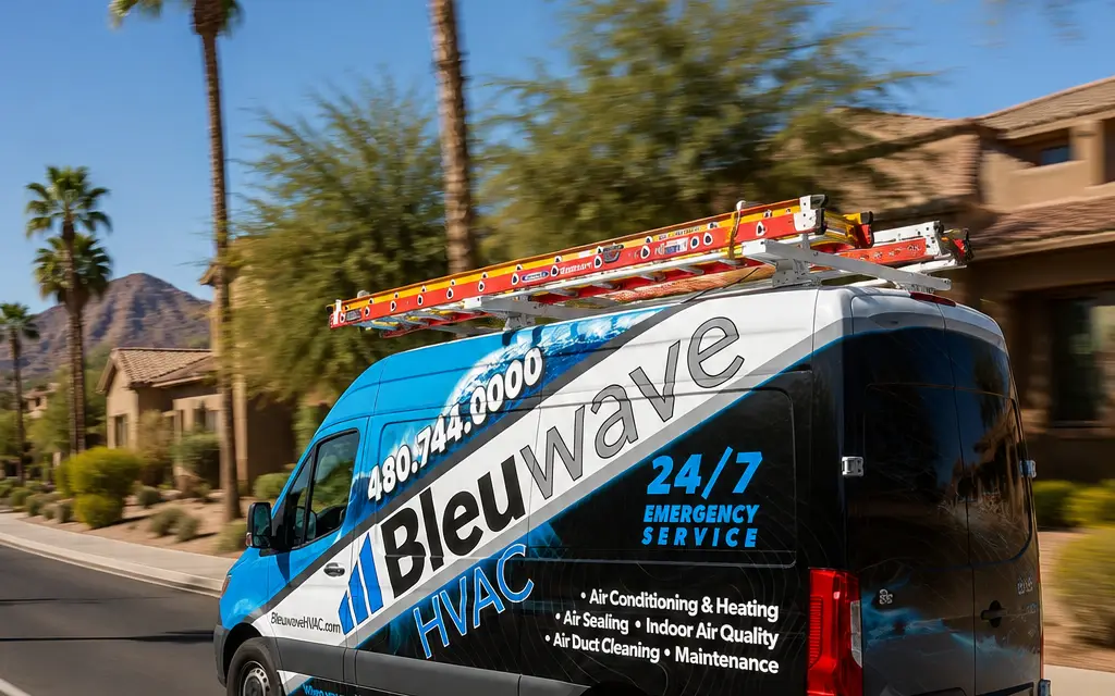 Bleuwave HVAC service van on a Phoenix road