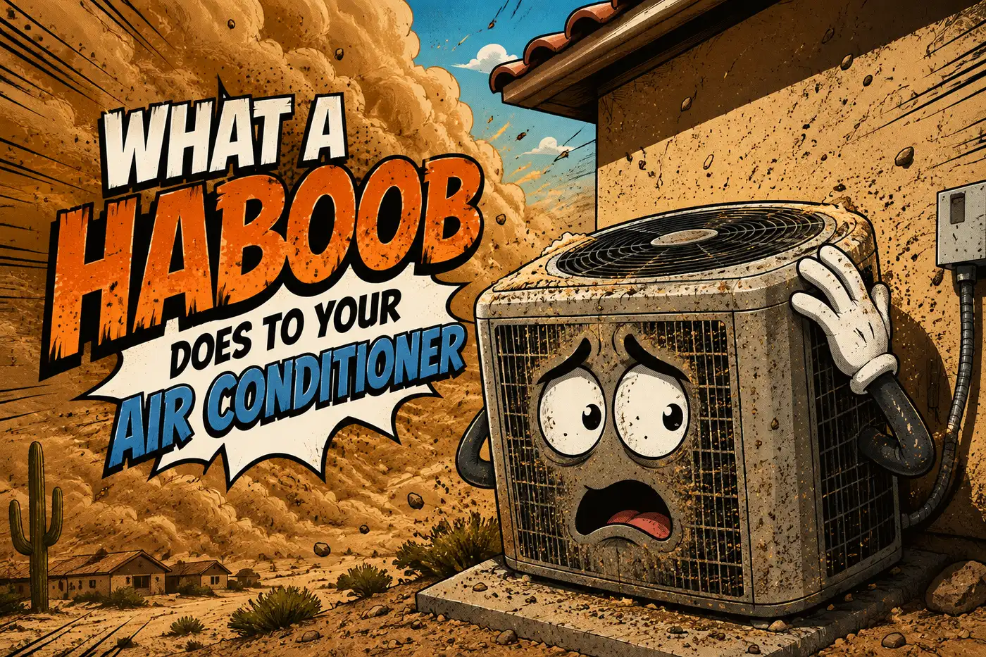 Fine haboob dust caked on the aluminum fins of an air conditioner condenser coil