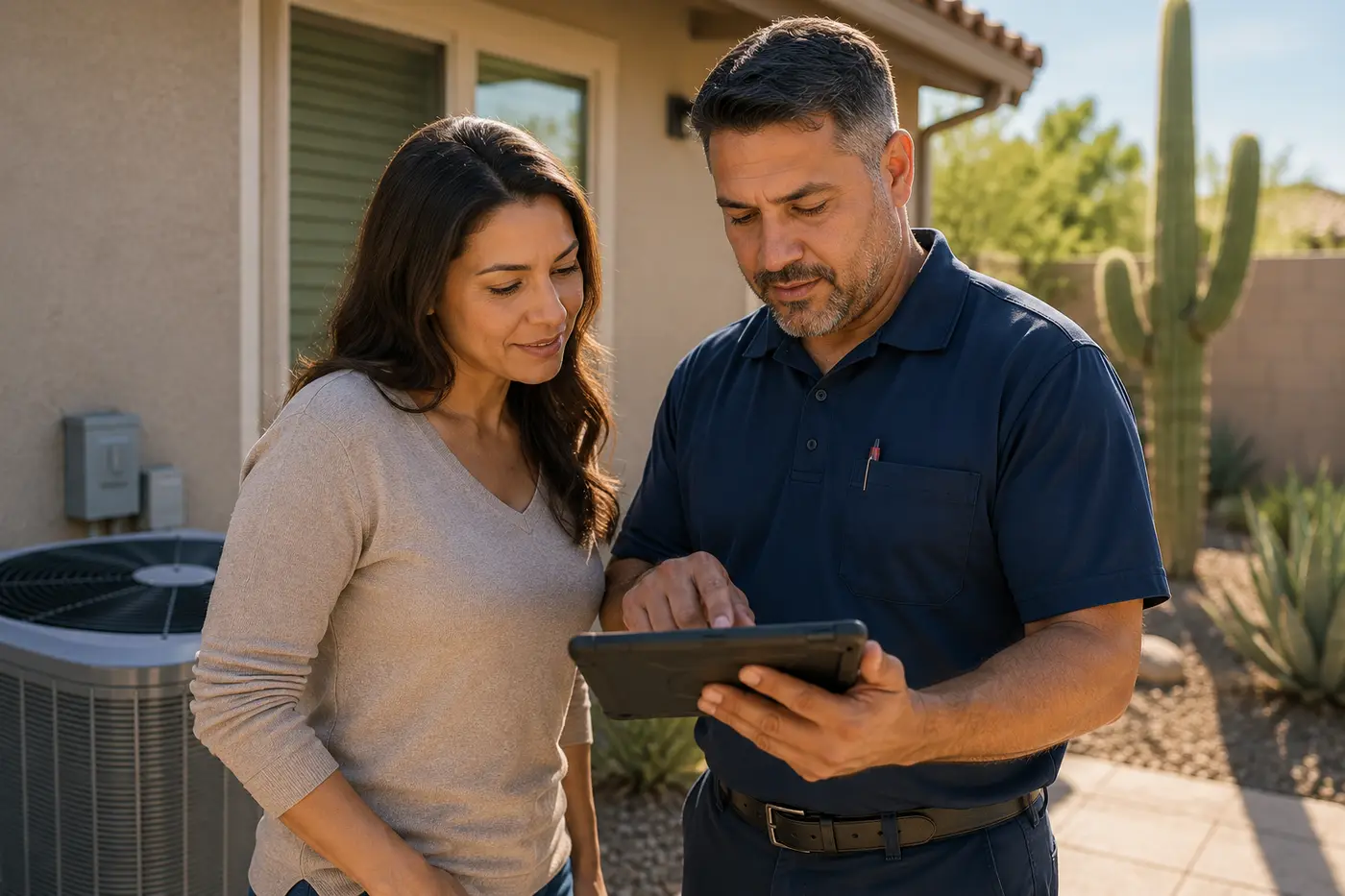 Technician reviewing air conditioner replacement options with a homeowner