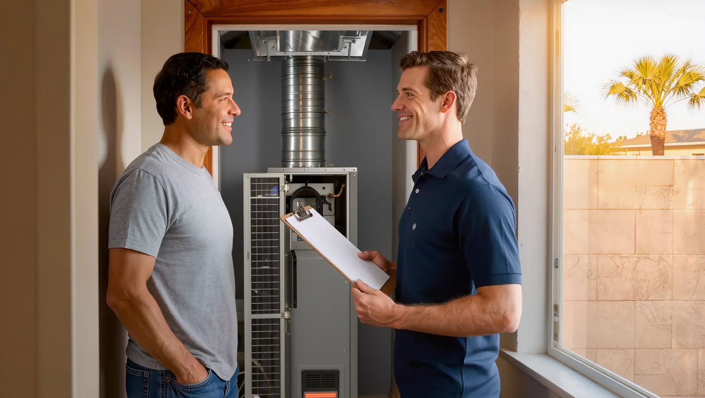 HVAC technician explaining a furnace repair to a homeowner beside a closet gas furnace in a Phoenix home
