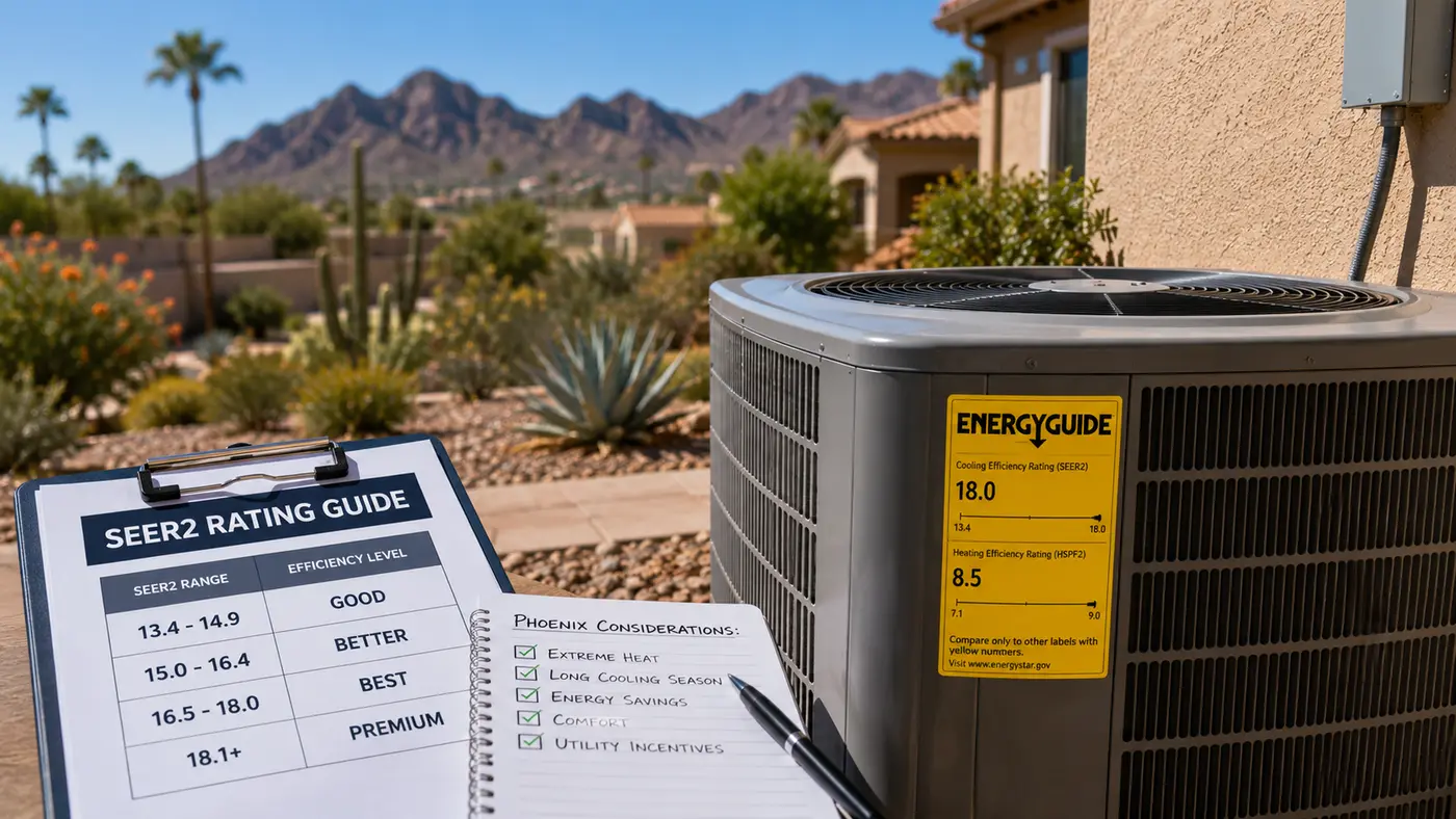 Technician showing a homeowner the SEER2 efficiency label on a new air conditioner condenser outside a Phoenix home